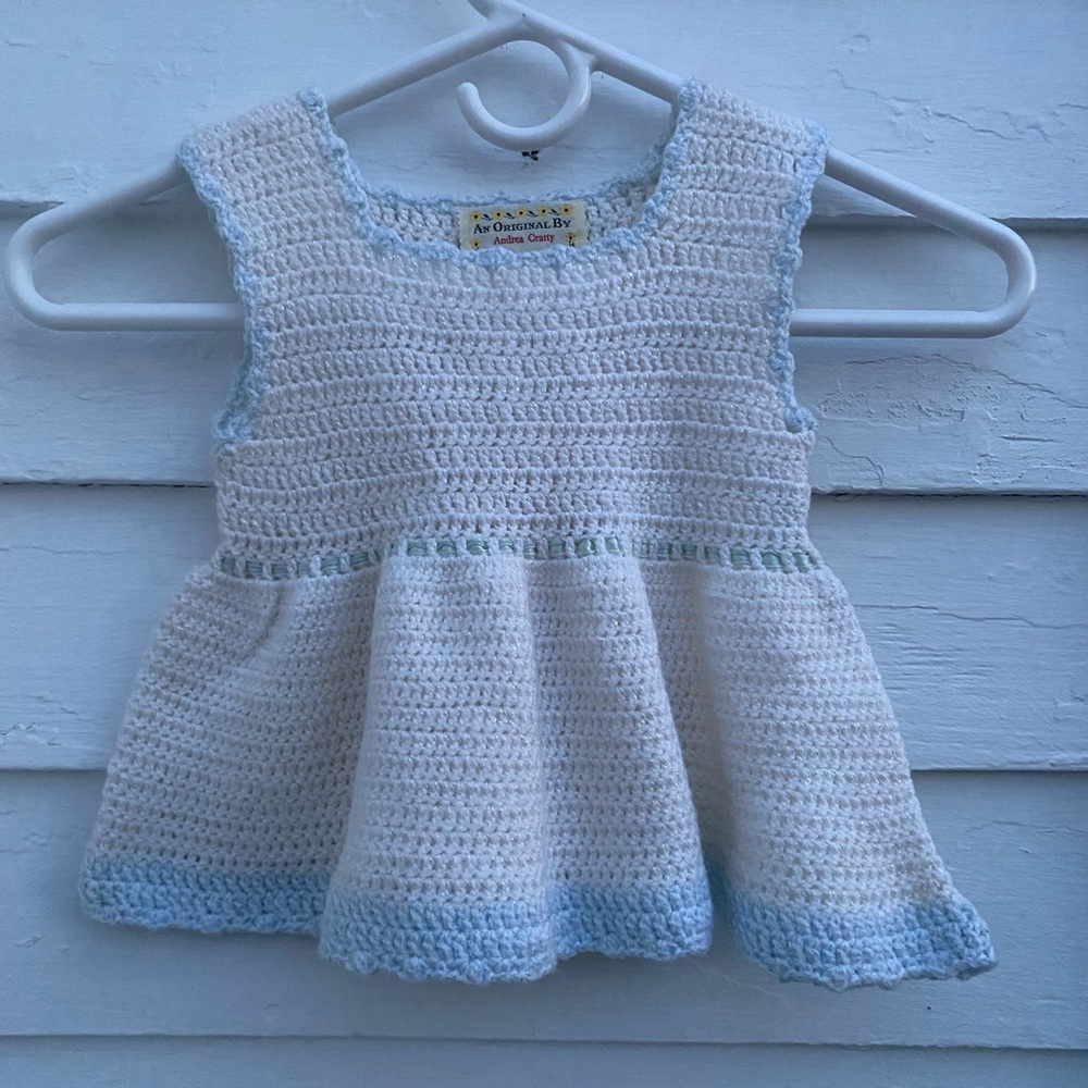 Handmade Crochet Baby Dress in White and Blue